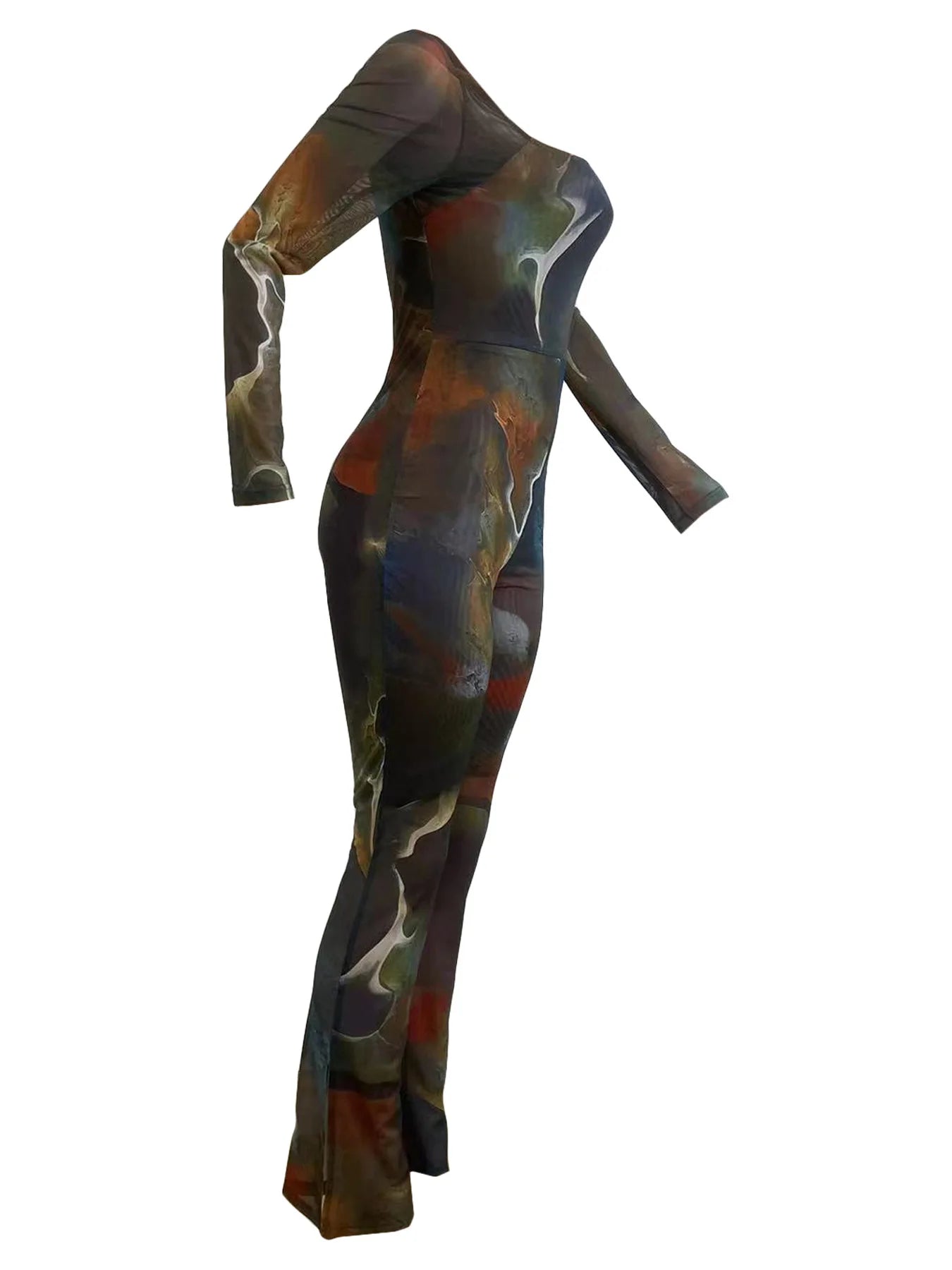 Tie Dye Print Mesh Long Sleeve Bodycon Overalls Jum[psuit