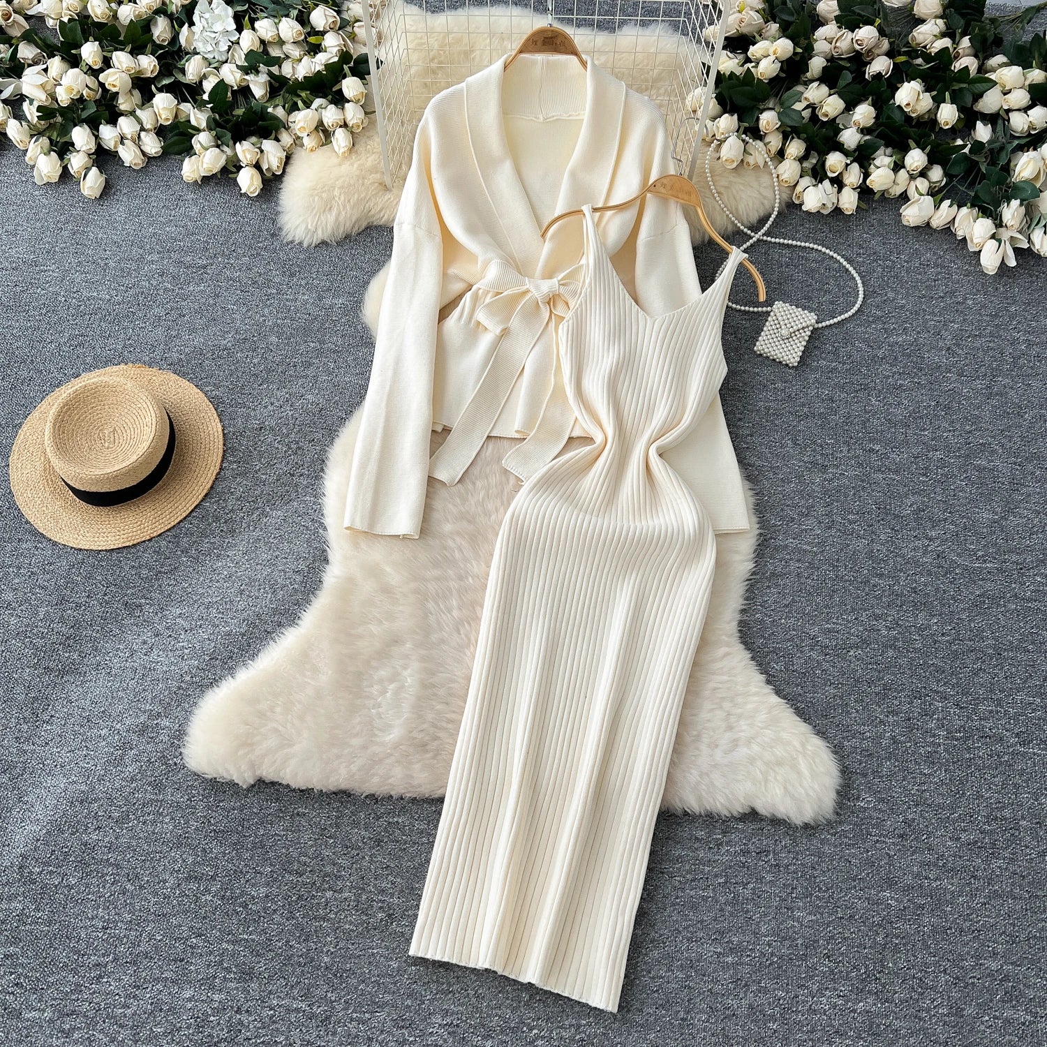 Lace Up Slim Cardigan+Sling Long Bodycon Solid Sweater Dress Two Piece Set