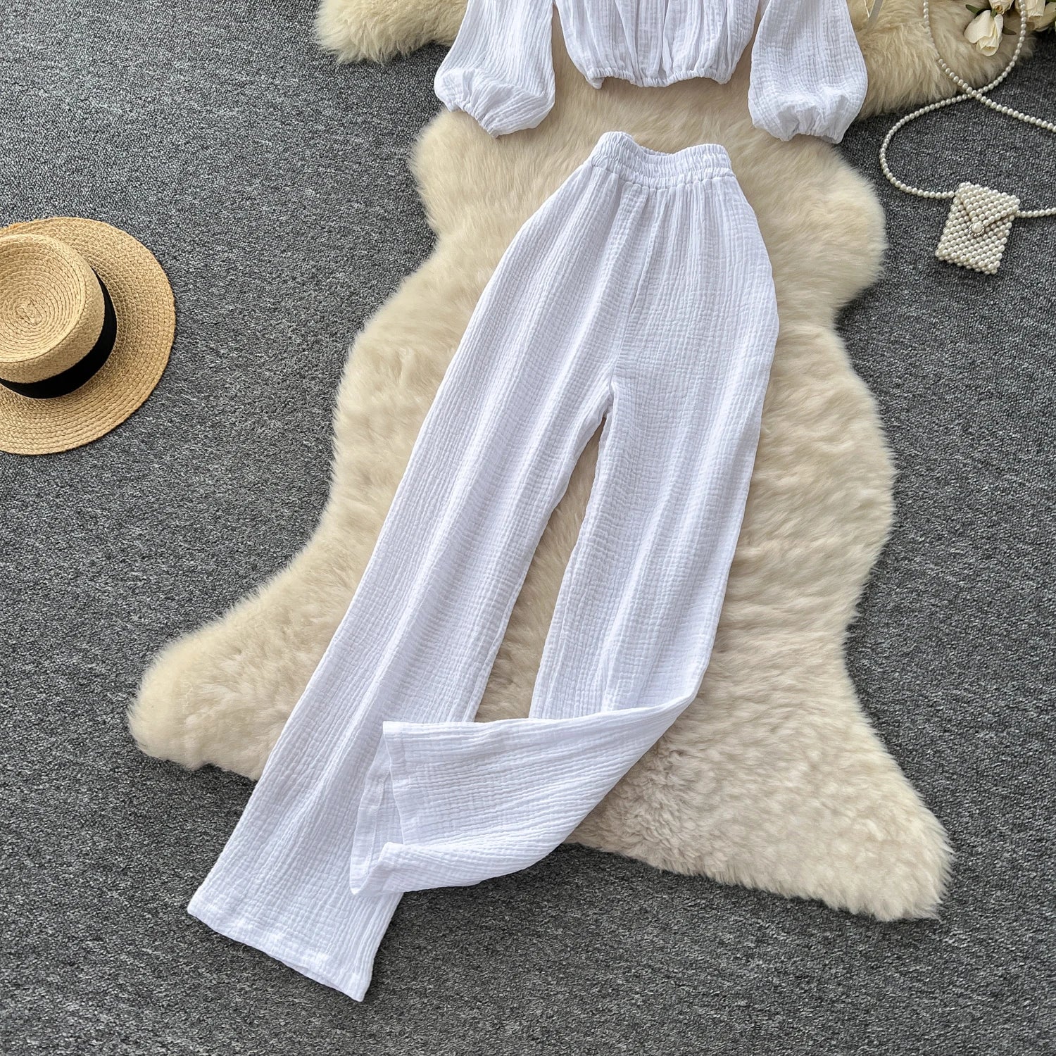 Lantern Sleeve Off Shoulder Crop Top+High Waist Wide Legs Pants Two Piece Set