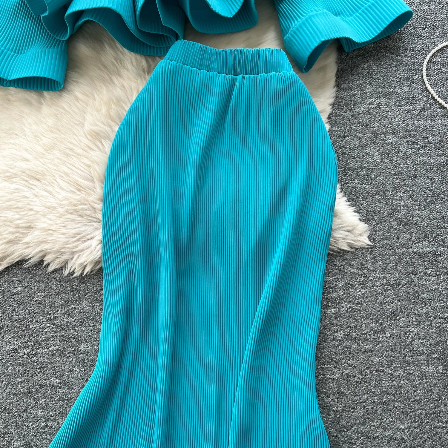 3D Flower 2pc Set Flare Sleeve Tops+Bodycon Mermaid Skirt