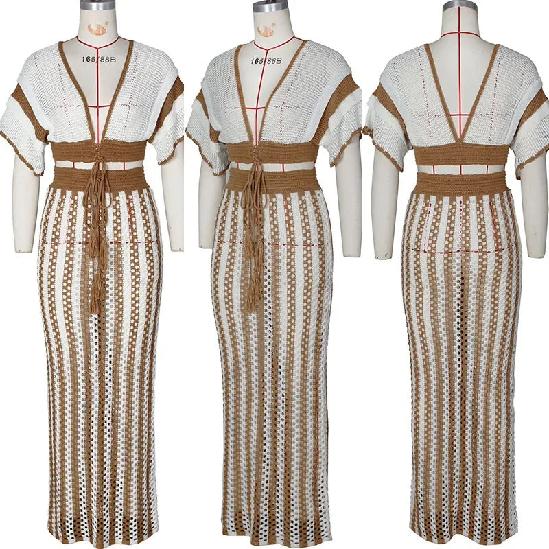 Striped Knitted Two Piece Set Y2K Hollow Out V-neck Crop Top and Long Skirt