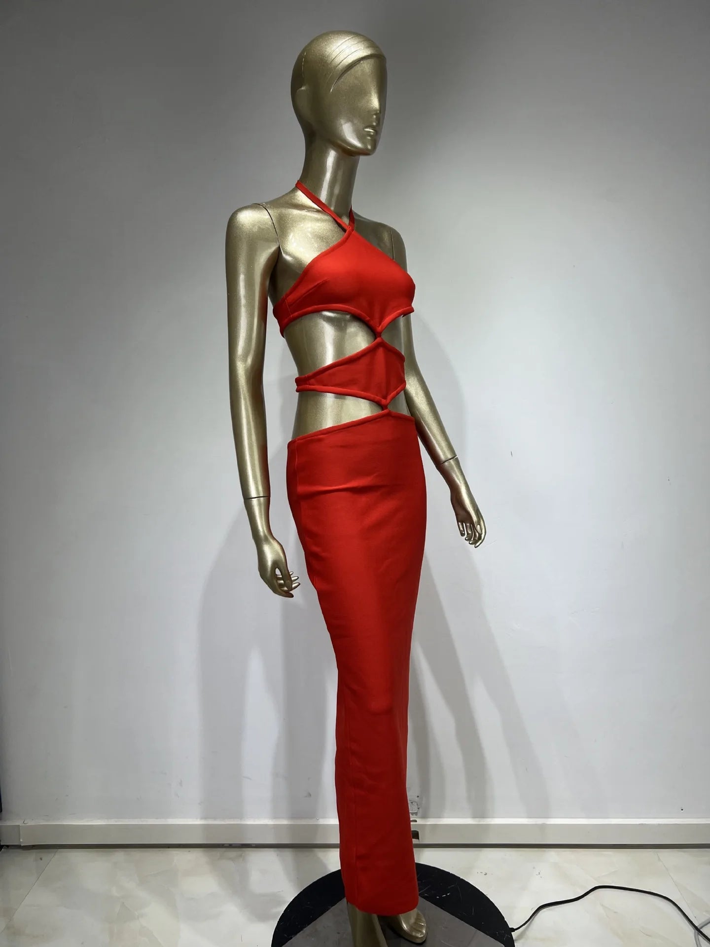 Backless Halter Cut Out Red Maxi Long Bandage Dress