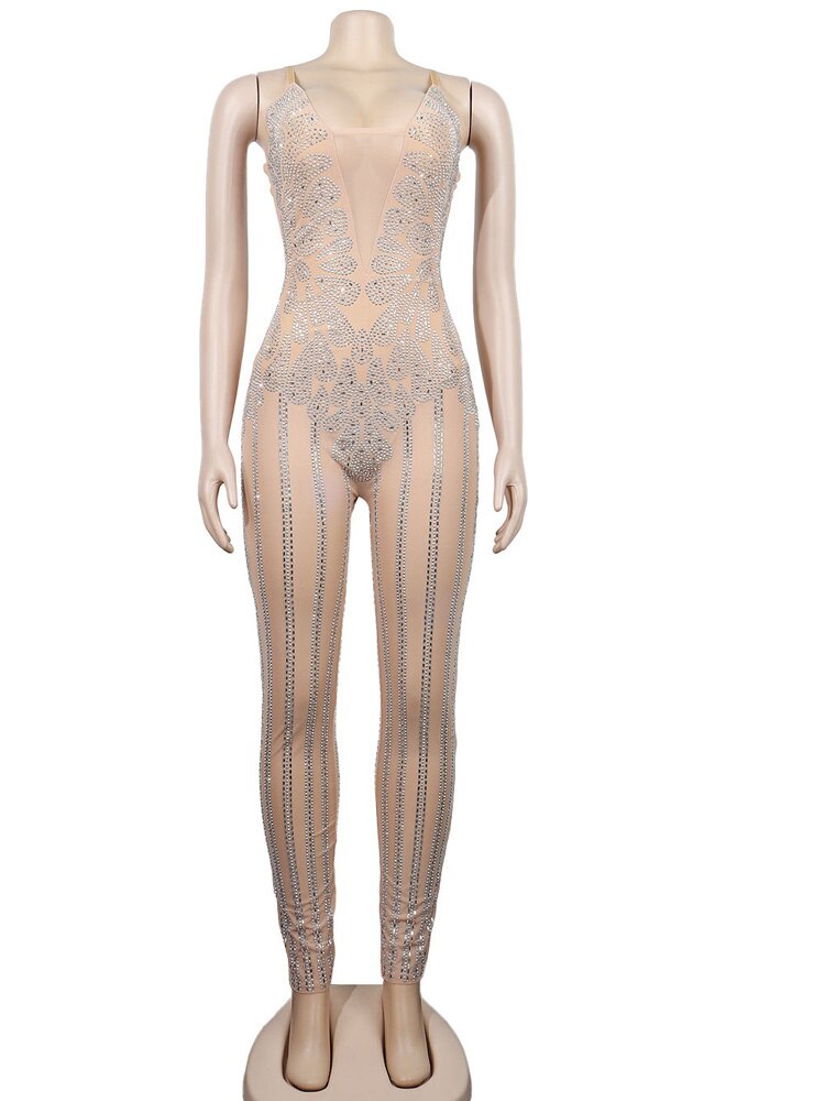 Sparkle Sheer Mesh Crystal Rompers See-Through Rhinestone Jumpsuits