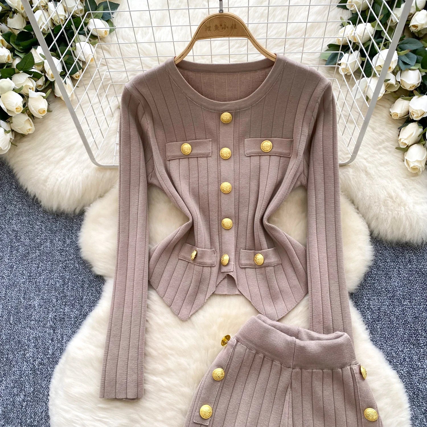 Long Sleeves Chic Buttons Pullovers+Elastic Long Pants Vintage Two Pieces Sets