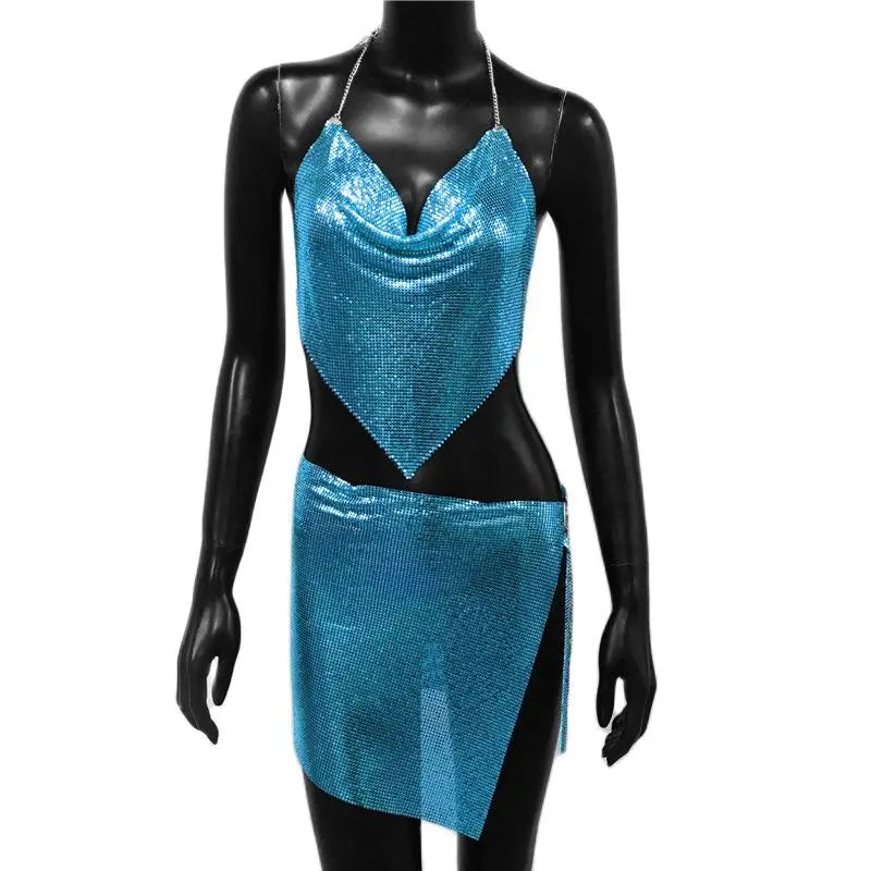 Metal Sequins 2 Piece Set Backless Halter Tank Tops Split Mini Skirts