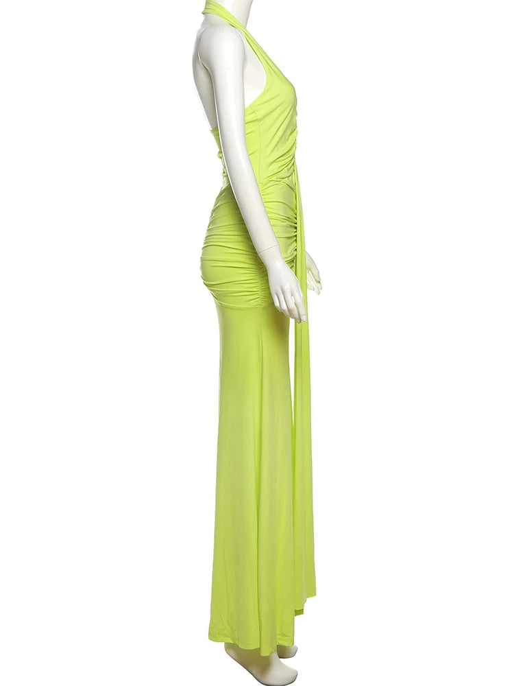 Backless Tassel Pleated Patchwork Halter Sleeveless Dress