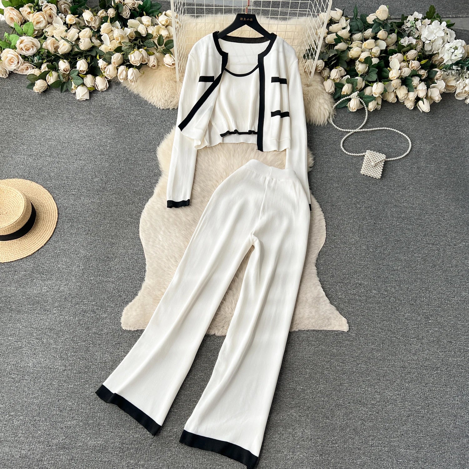 Three Pieces Sets Tank Top+Long Sleeves Short Cardigan+Elastic Long Pants Set