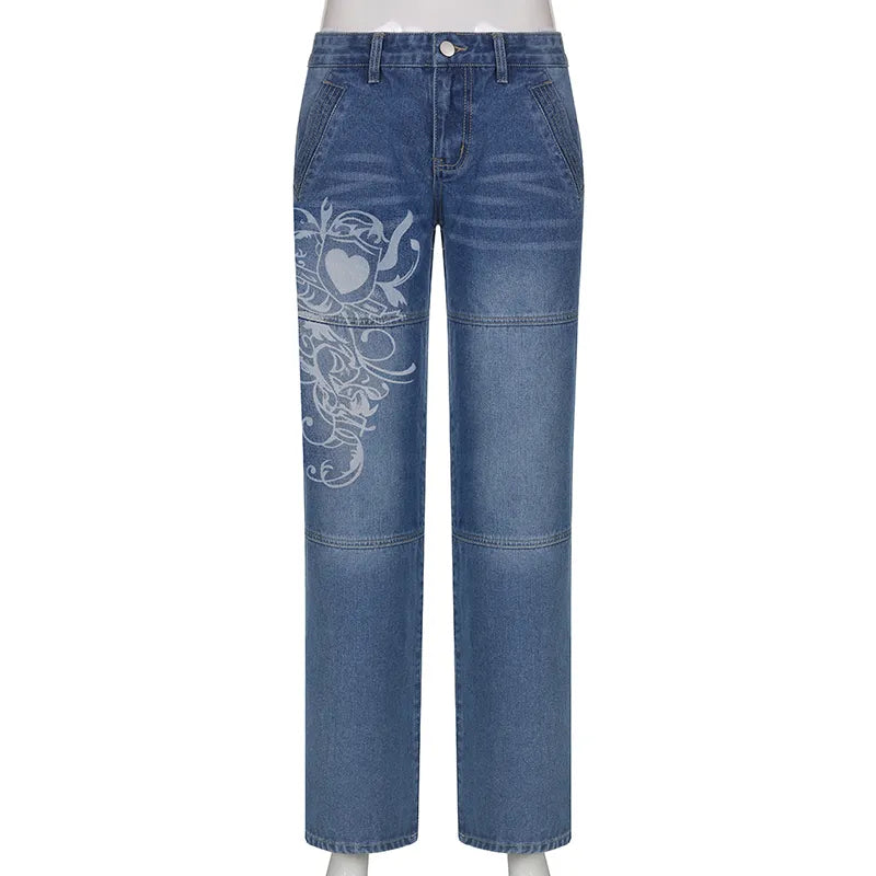 printed Cargo Jeans Y2K High Waist Streetwear Baggy Straight wide leg jeans