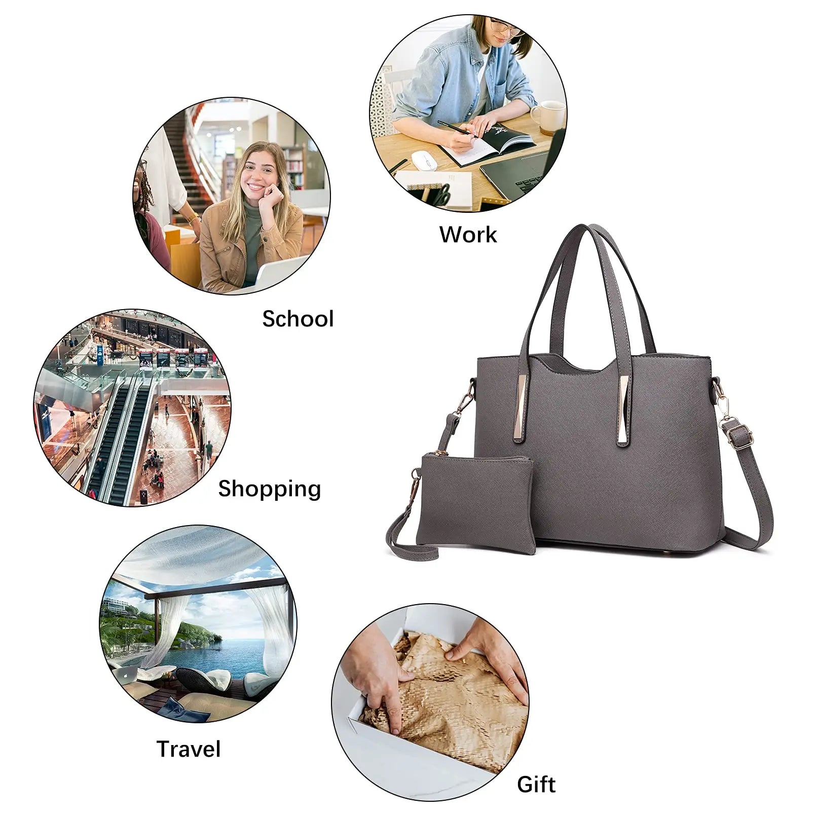 2-Piece Leather Tote Set - Top Handle & Shoulder Handbag