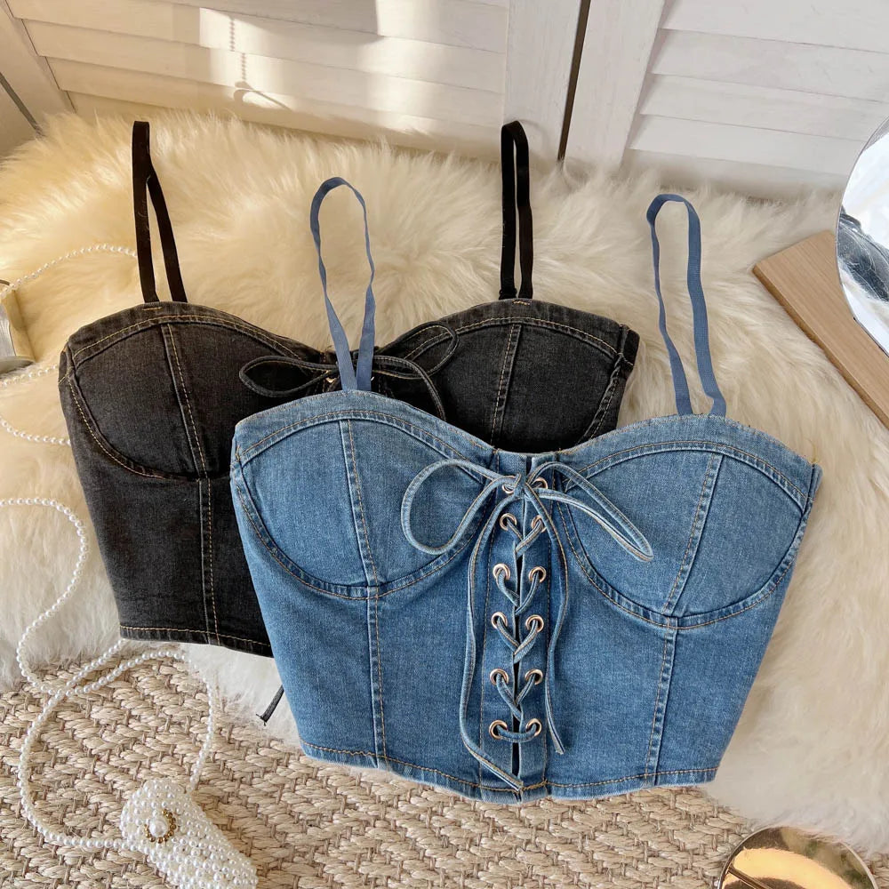 Spaghetti Strap Denim Drawstring Tanks Camis