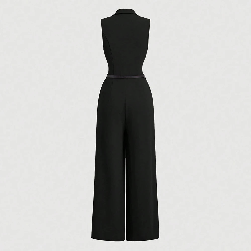 Plain Sleeveless Shawl Collar Full Length Straight Jumpsuits