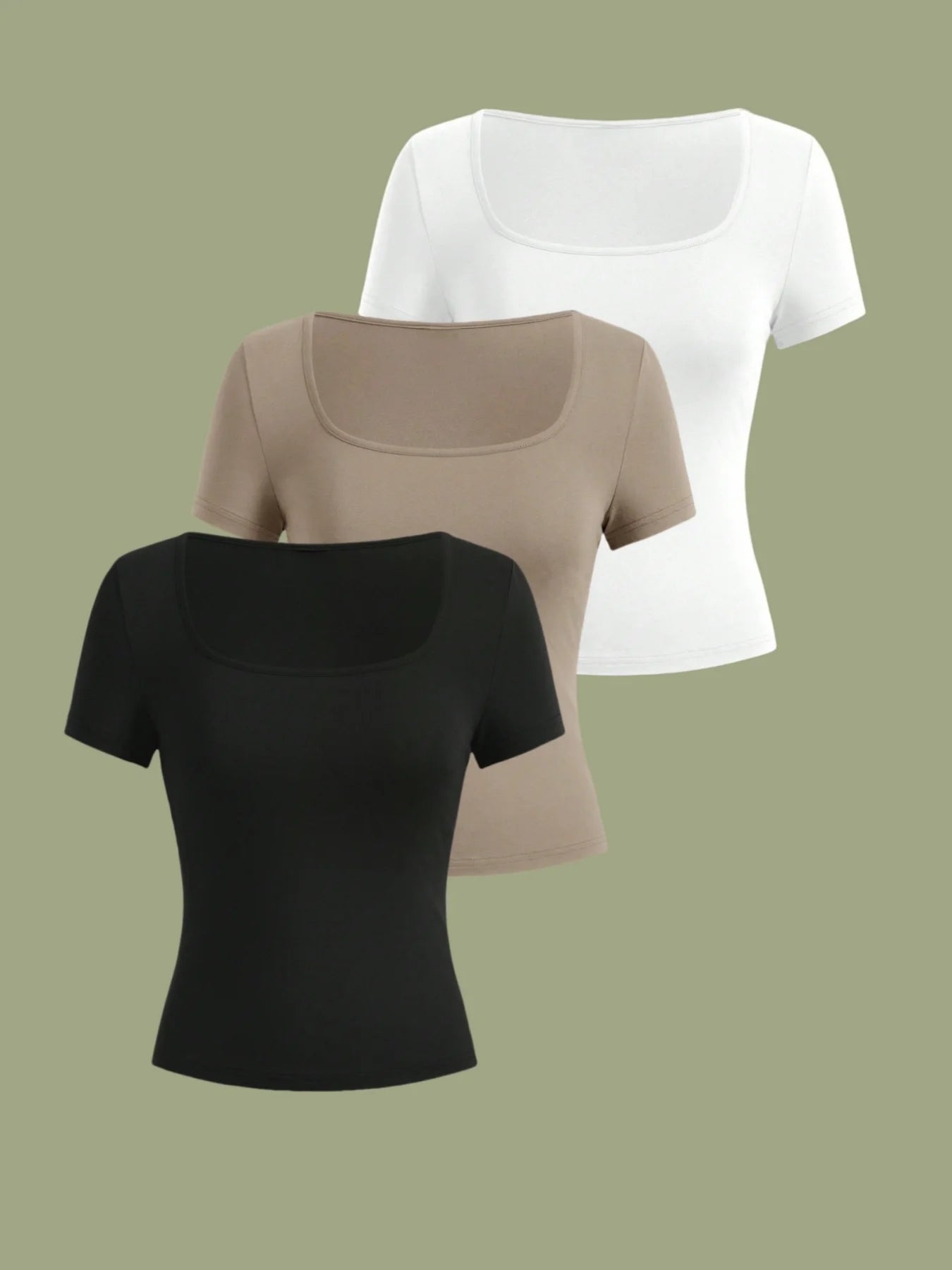 3-Piece Simple and Elegant Square Collar Short-Sleeved Slim Knitted High-Elastic Top T-Shirt