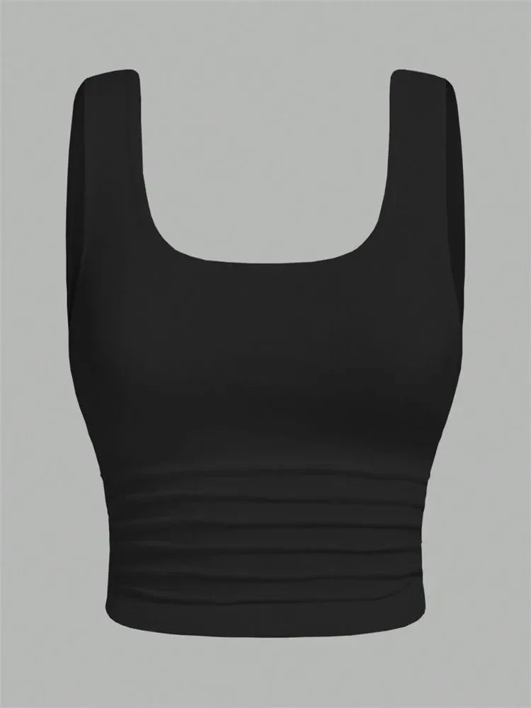 Ruched U-neck Solid Basic Sleeveless Tank Crop Top