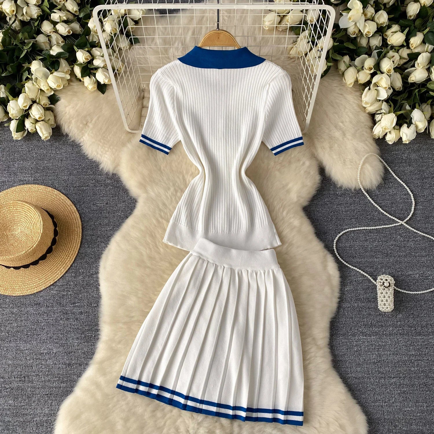 Short Sleeve Shirt+Pleated Skirt Two pcs Set