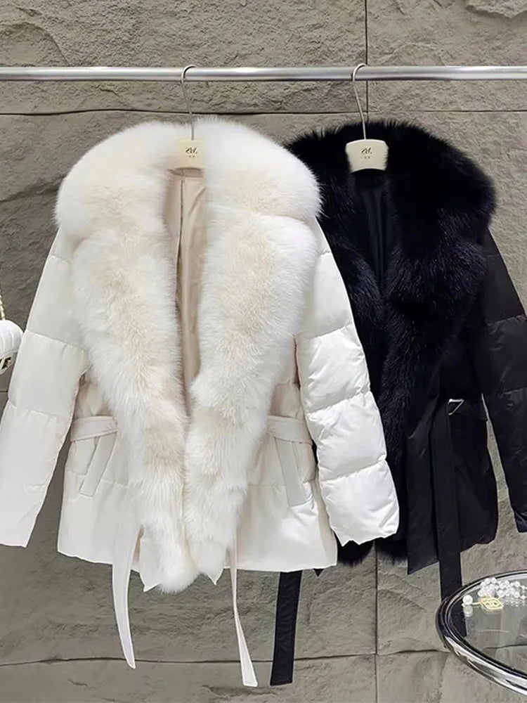 Natural Fox Fur Collar Goose Down Warm Parkas Slim Coat