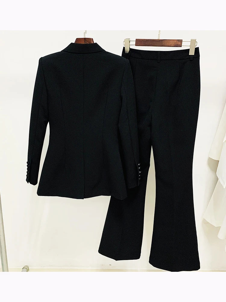 High Street Fashion Runway Suit Set Women's Single Button Blazer Flare Pants Suit