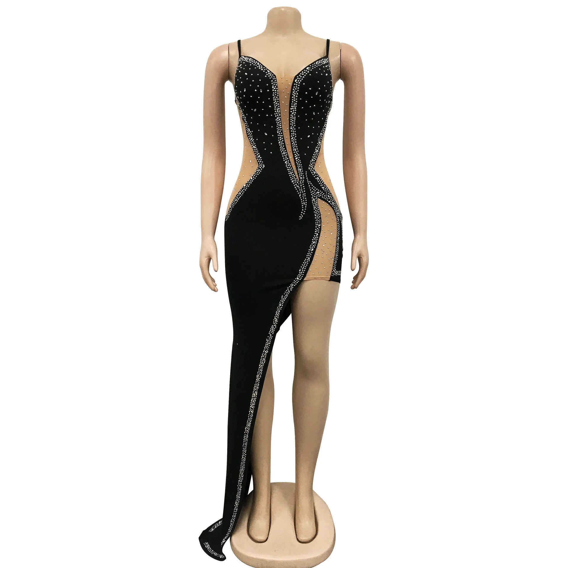 Sheer Mesh Diamonds Maxi Party Dress