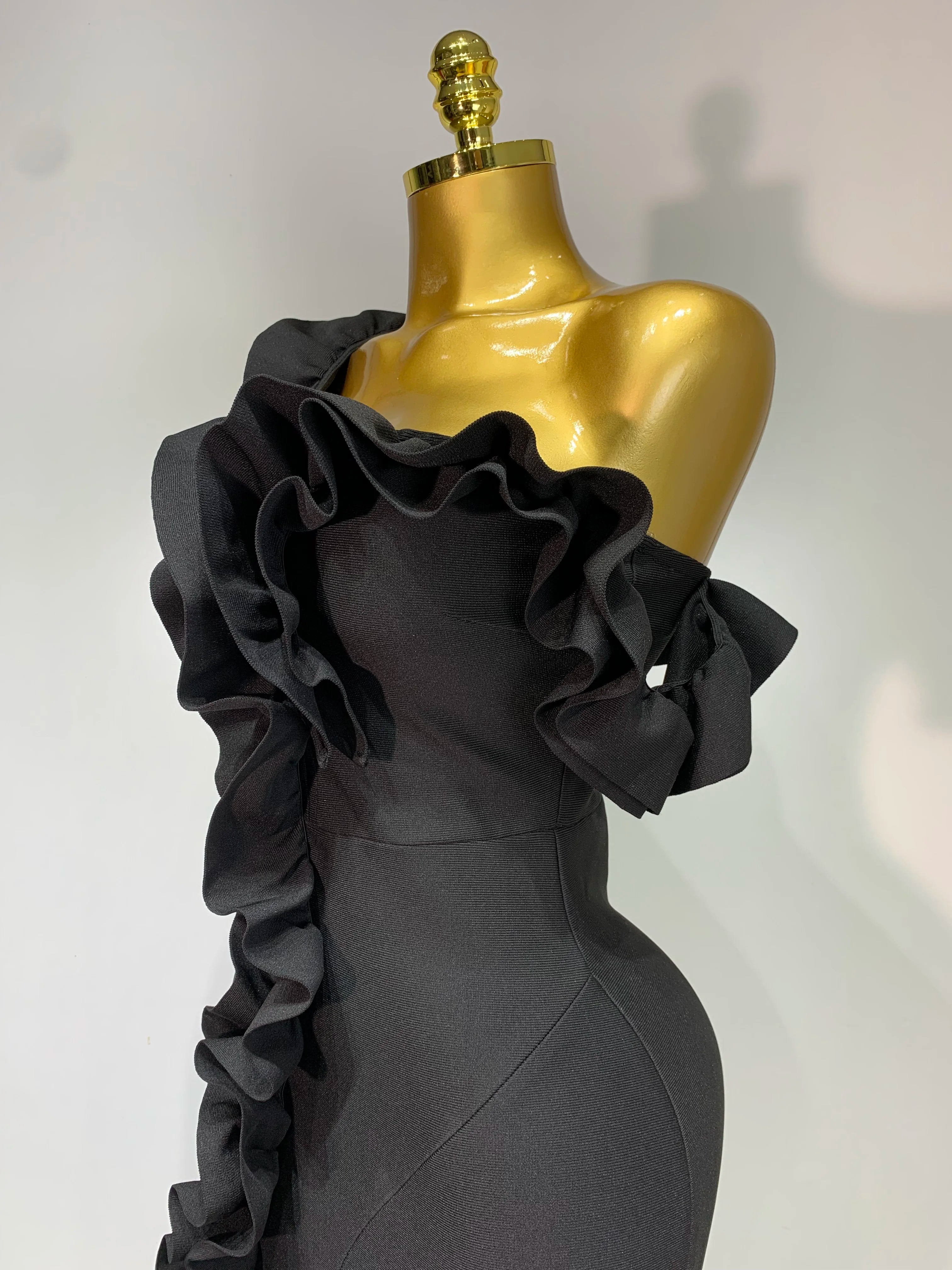 Off Shoulder Ruffles Midi Bodycon Bandage Dres