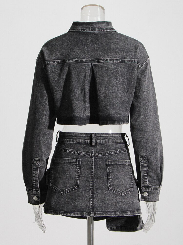 Lapel Long Sleeve Short Top High Waist Patchwork Pocket Mini Skirt Denim Set