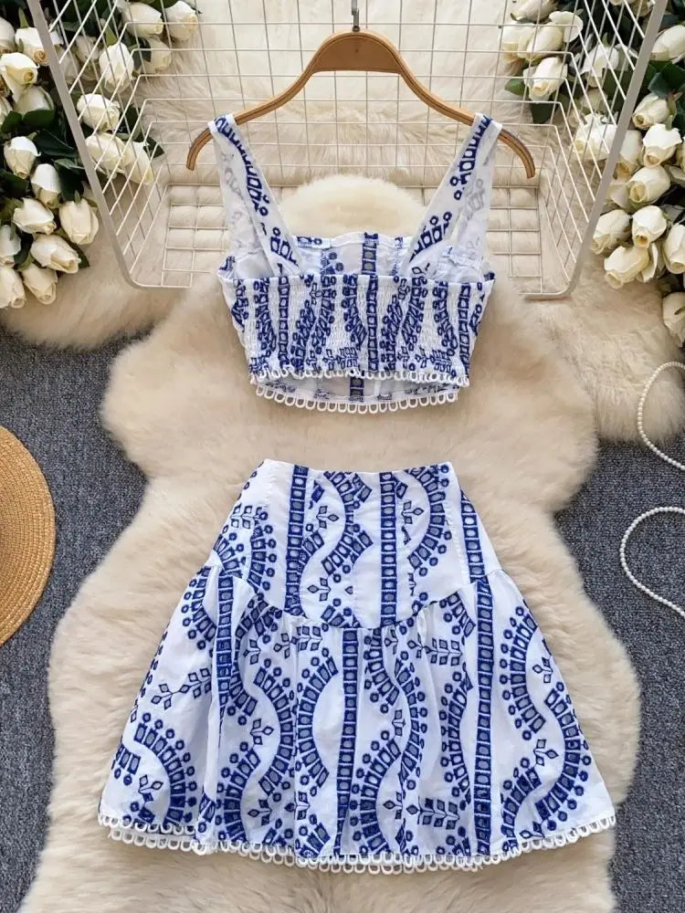 Y2k Elastic Backless Crop Top + High Waist Mini Skirts Hollow Out Two Piece Set