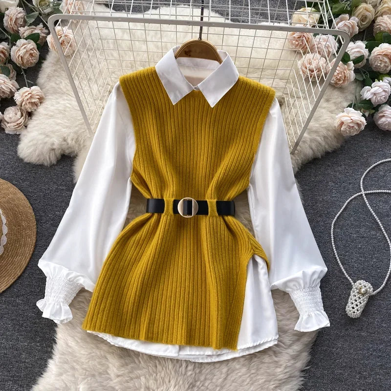 Luxury Style Loose-fit Long Sleeve White Shirt Side Slit Knit Vest 2-piece Set