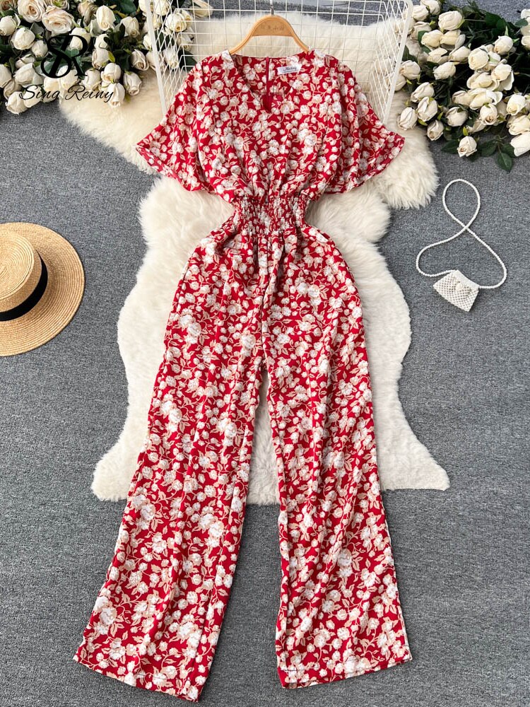 Floral V Neck Jumpsuits Retro Long Rompers