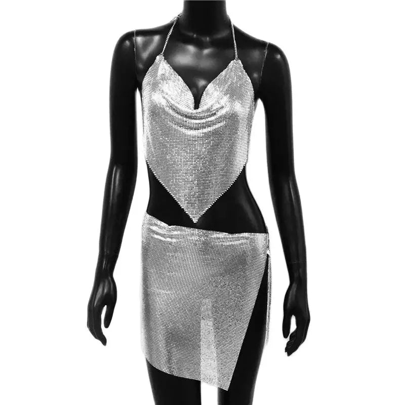Metal Sequins 2 Piece Set Backless Halter Tank Tops Split Mini Skirts
