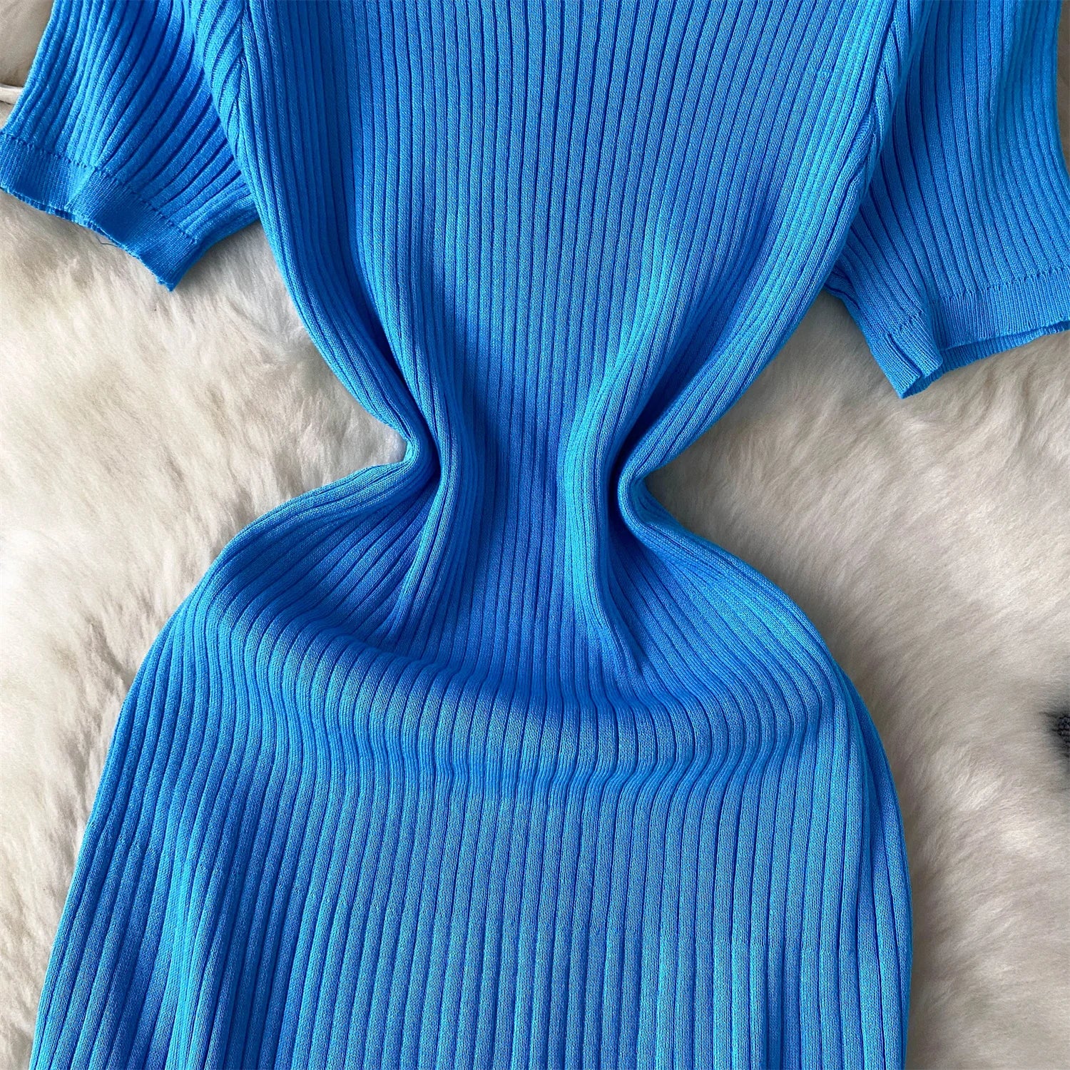 Elegant Stripe Knit Short Sleeves Mesh Patchwork Long Dress