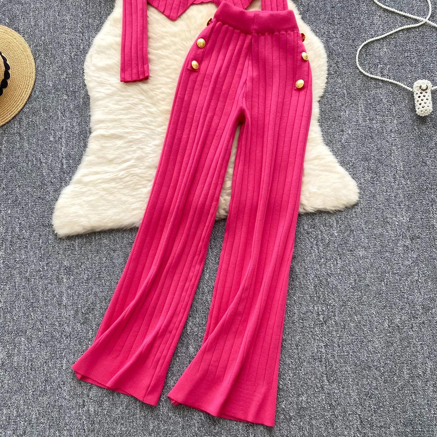 Long Sleeves Chic Buttons Pullovers+Elastic Long Pants Vintage Two Pieces Sets