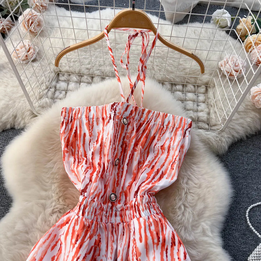 Halter Strapless Backless Loose Wide Legs Pants Beach Style Striped Jumpsuits