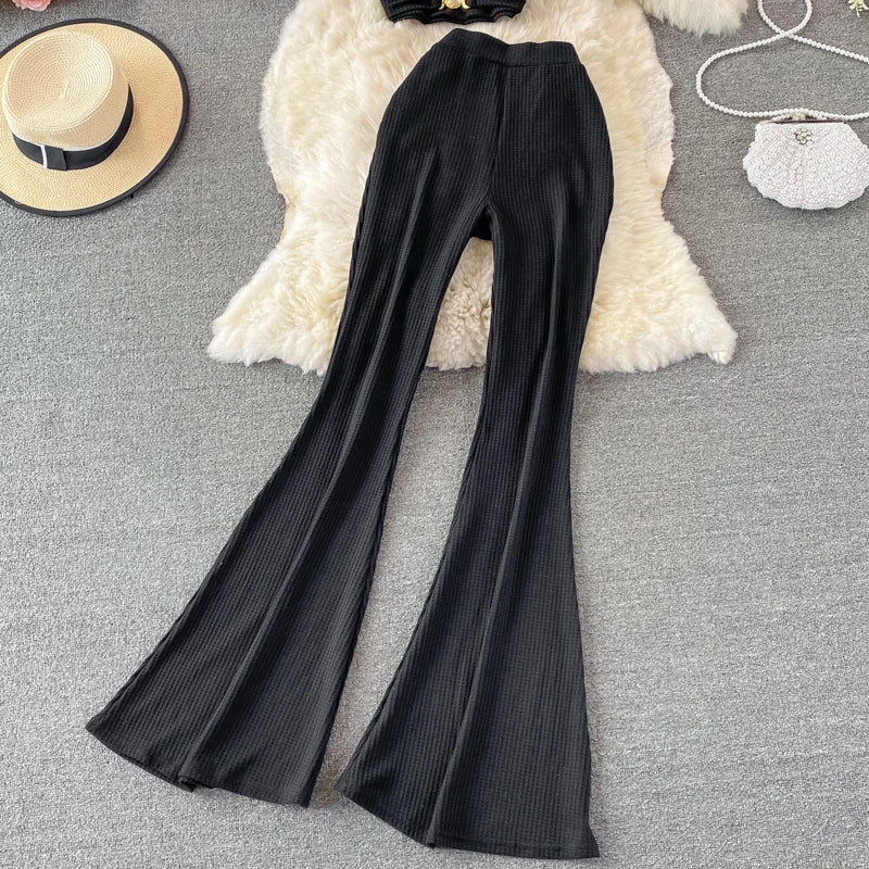 High Waist Long Pants+Short Square Neck Top Two-piece Suit