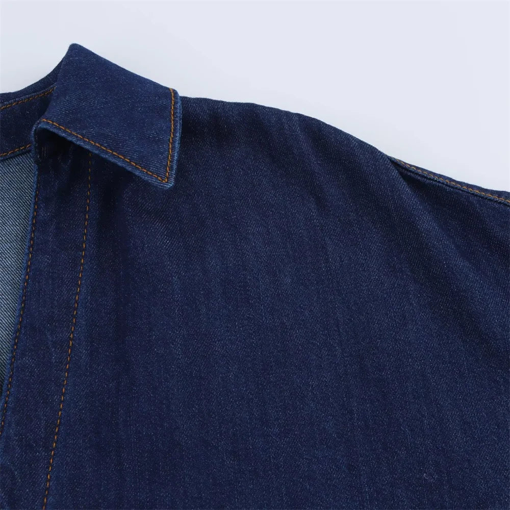Denim Set Loose Fit Button Down Shirt With Wide Leg Pants
