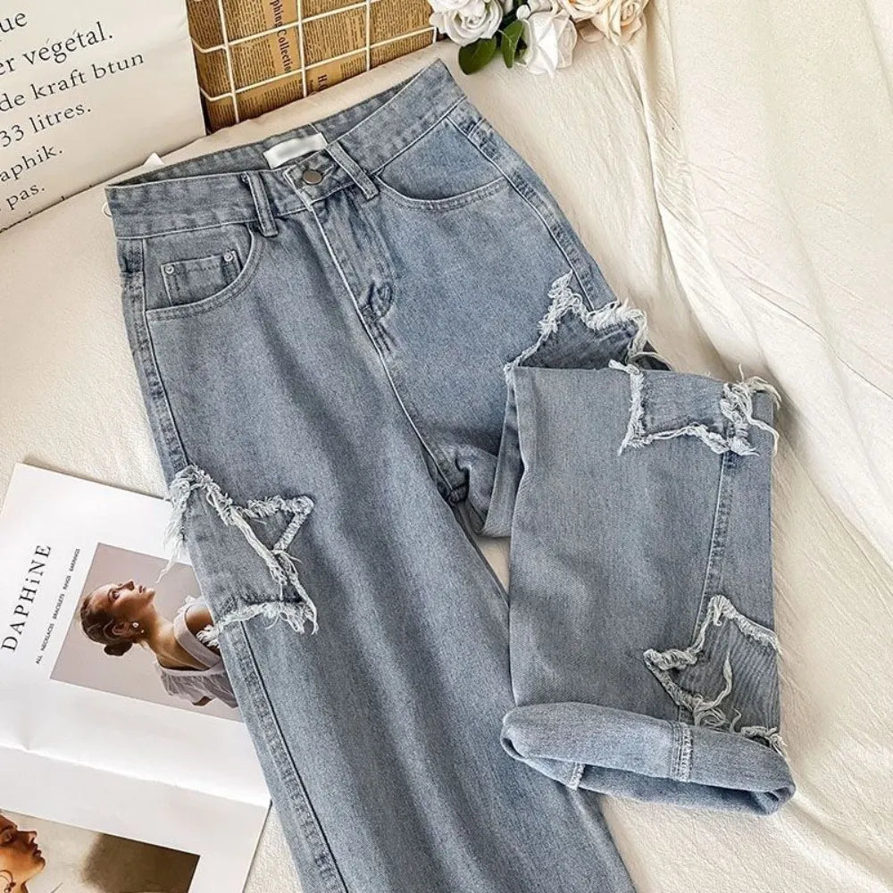 Denim Popular Spring Autumn High Waist Straight Leg Loose Fitting Jeans