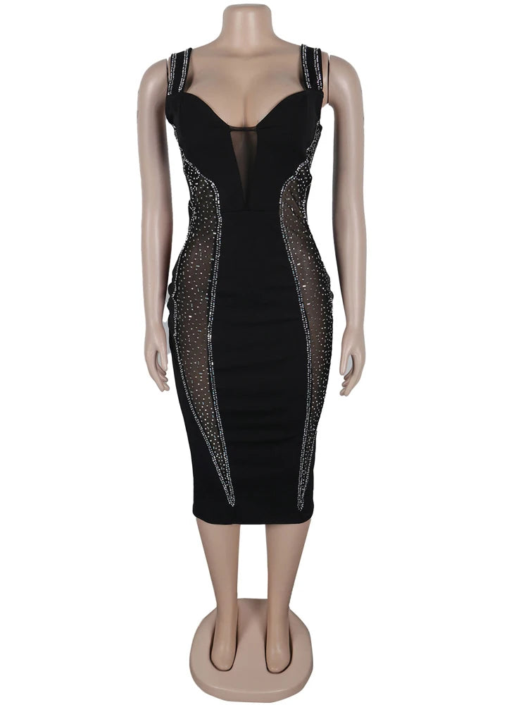 Chic Sheer Mesh Patchwork Diamonds Party Glam Sleeveless Sequins Dress