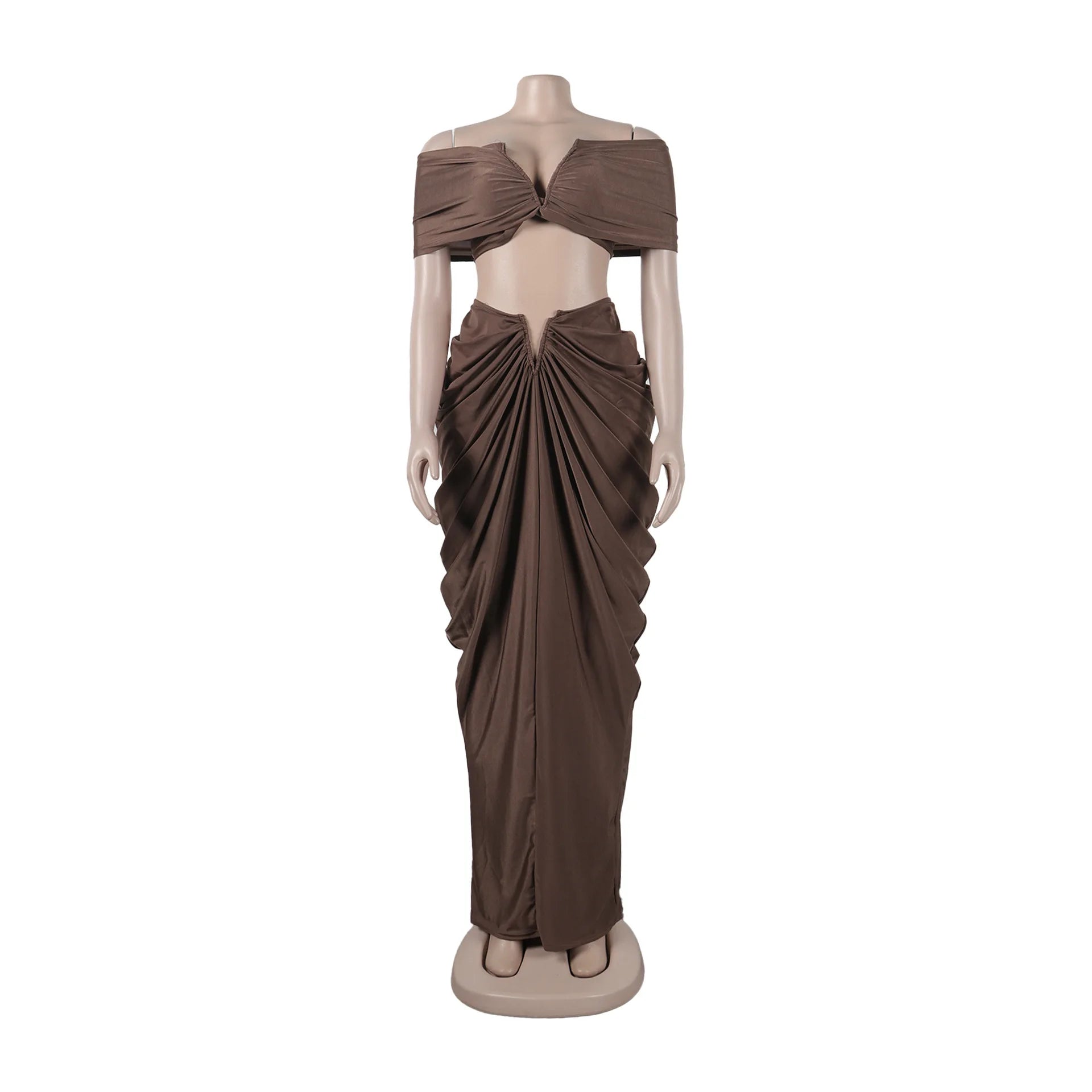 Stacked Ruched Off Shoulder Crop Top and Low Waist Maxi Long Skirts Two Piece Sets
