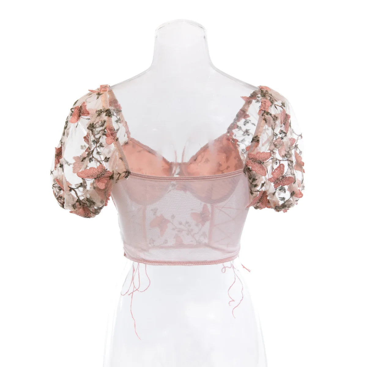 Butterfly Embroidery Puff Sleeve Backless Short Sleeve Cropped Top Blouse