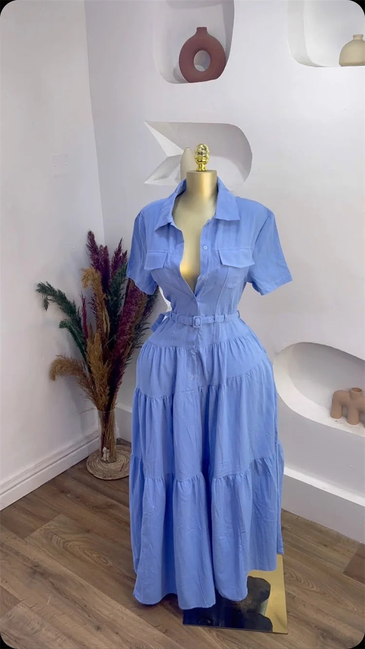 Short Sleeve Single Breasted Belt Long Maxi Dress