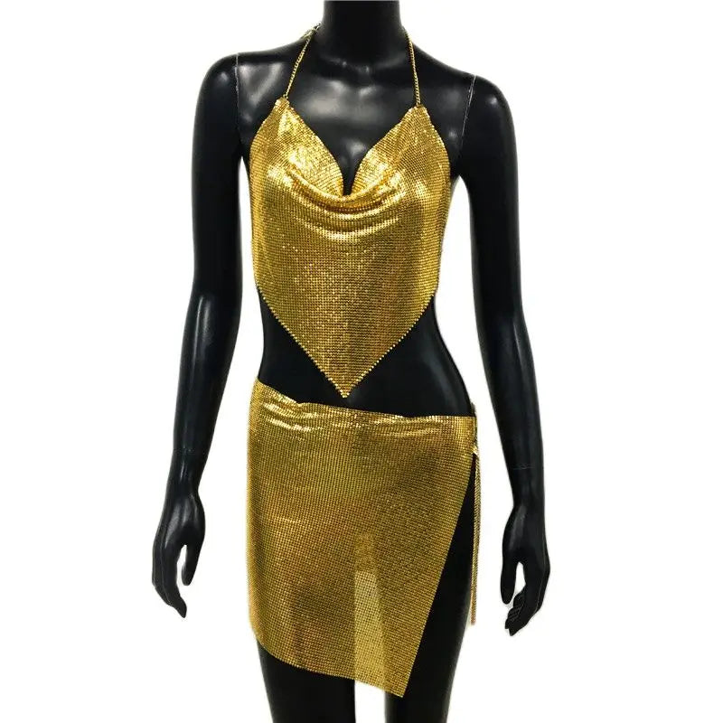 Metal Sequins 2 Piece Set Backless Halter Tank Tops Split Mini Skirts