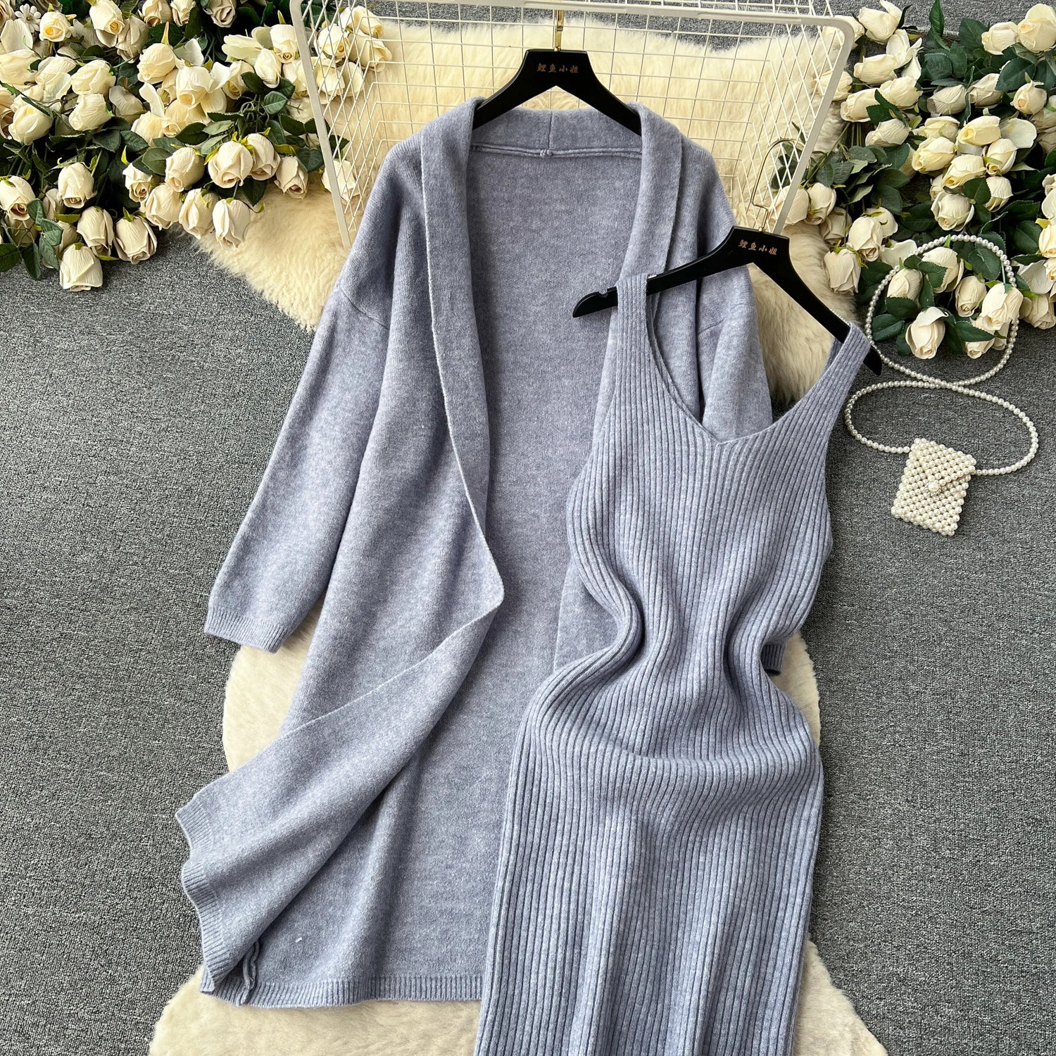 Autumn Thick Warm Knitted Suits Knit Dress+Loose Long Cardigans Sweater Casual Two Pieces Sets