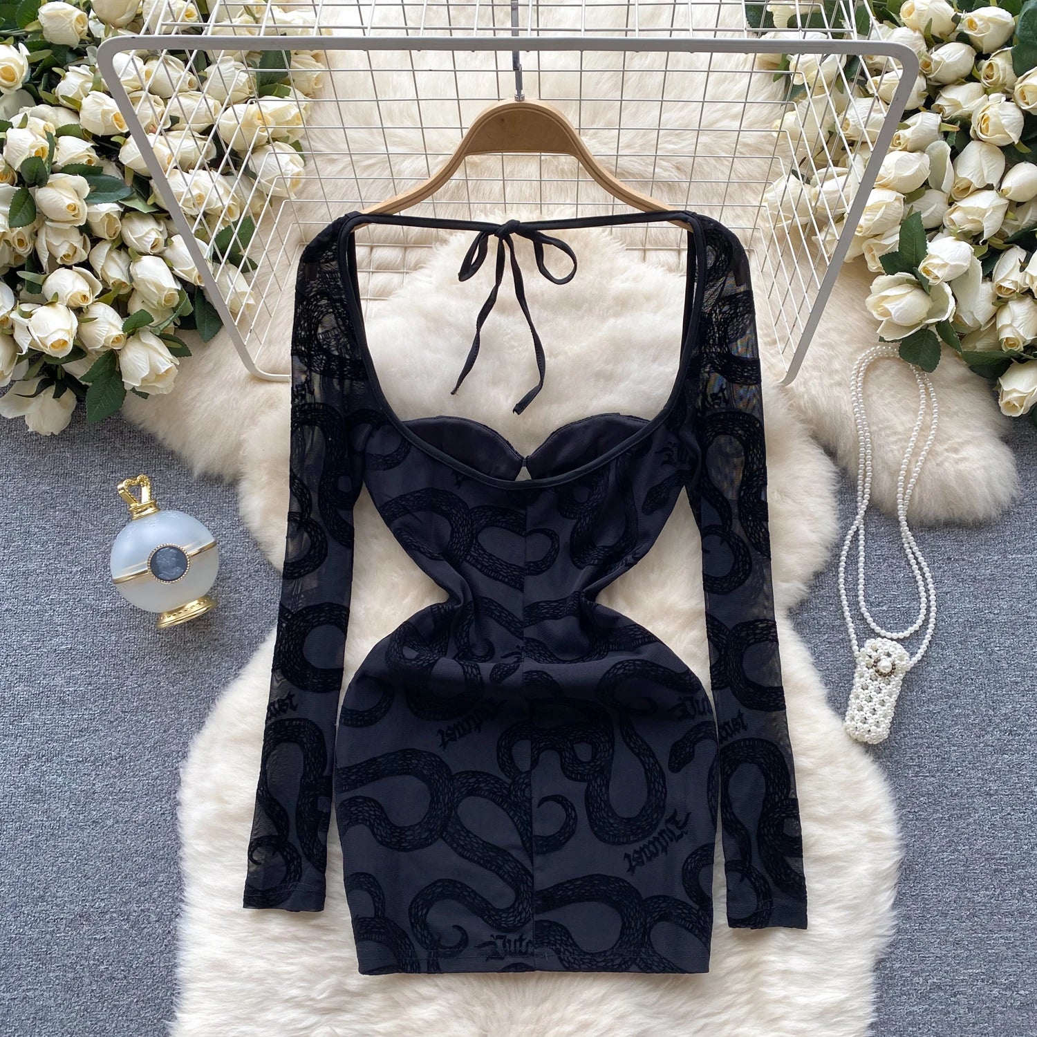 Backless Square Collar Lace Up Long Sleeves Print Hollow Out Bodycon Dress