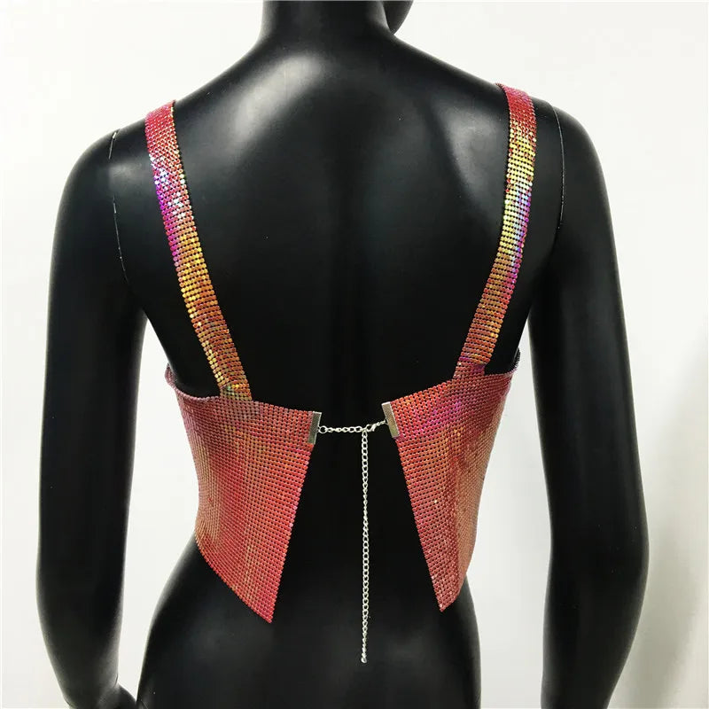 Bling Metallic Sequin Crop Top y2k Backless Straps Cropped Top
