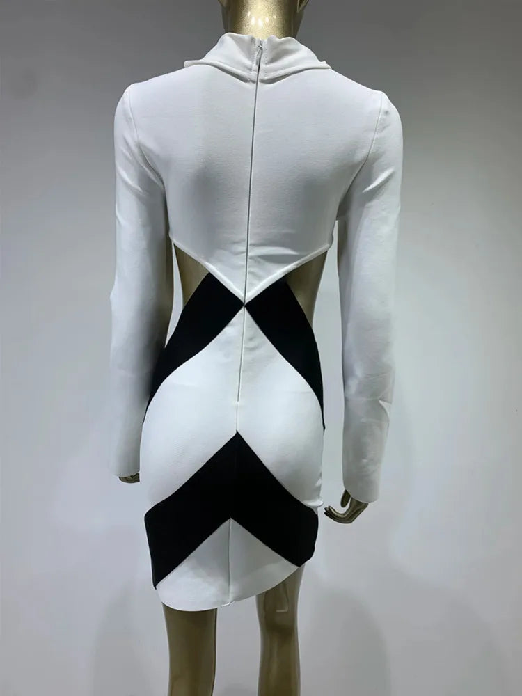 Long Sleeve Patchwork Black White Tie Cut Out Mini Bandage Dress