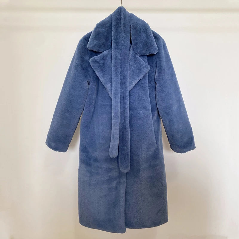 Oversized Lapel Belted Faux Rabbit Fur Coat