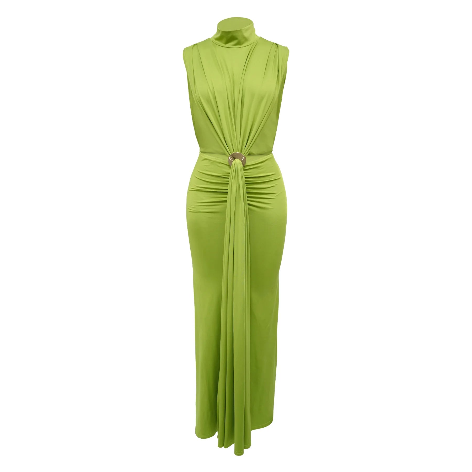 O-neck High Split Ruched Stacked Bodycon Midi Maxi Dress