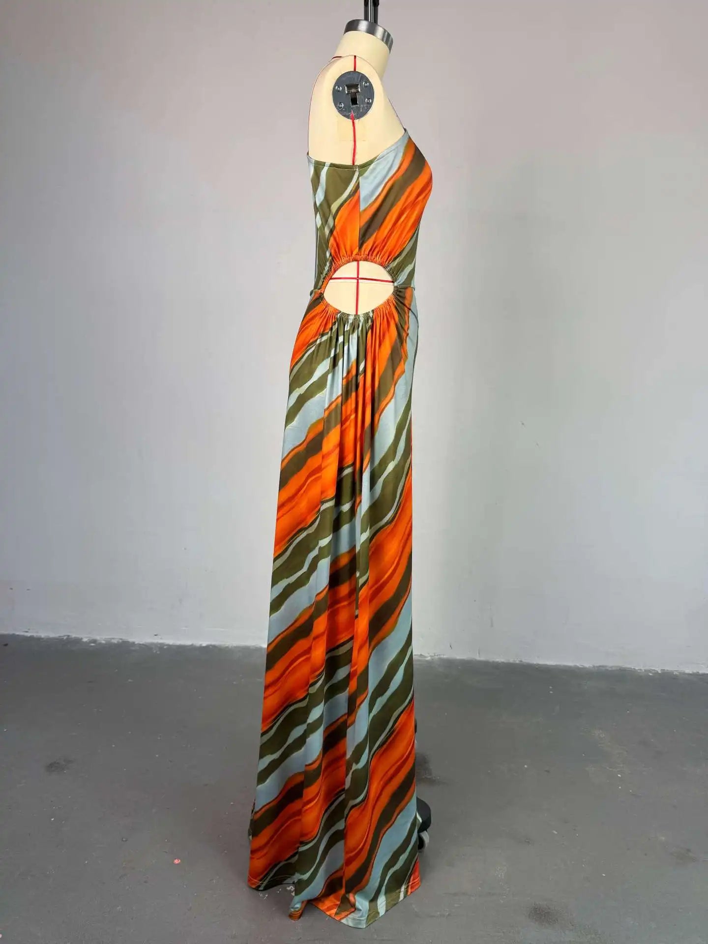 Elegant Striped Print Sleeveless Floor-Length Long Dress