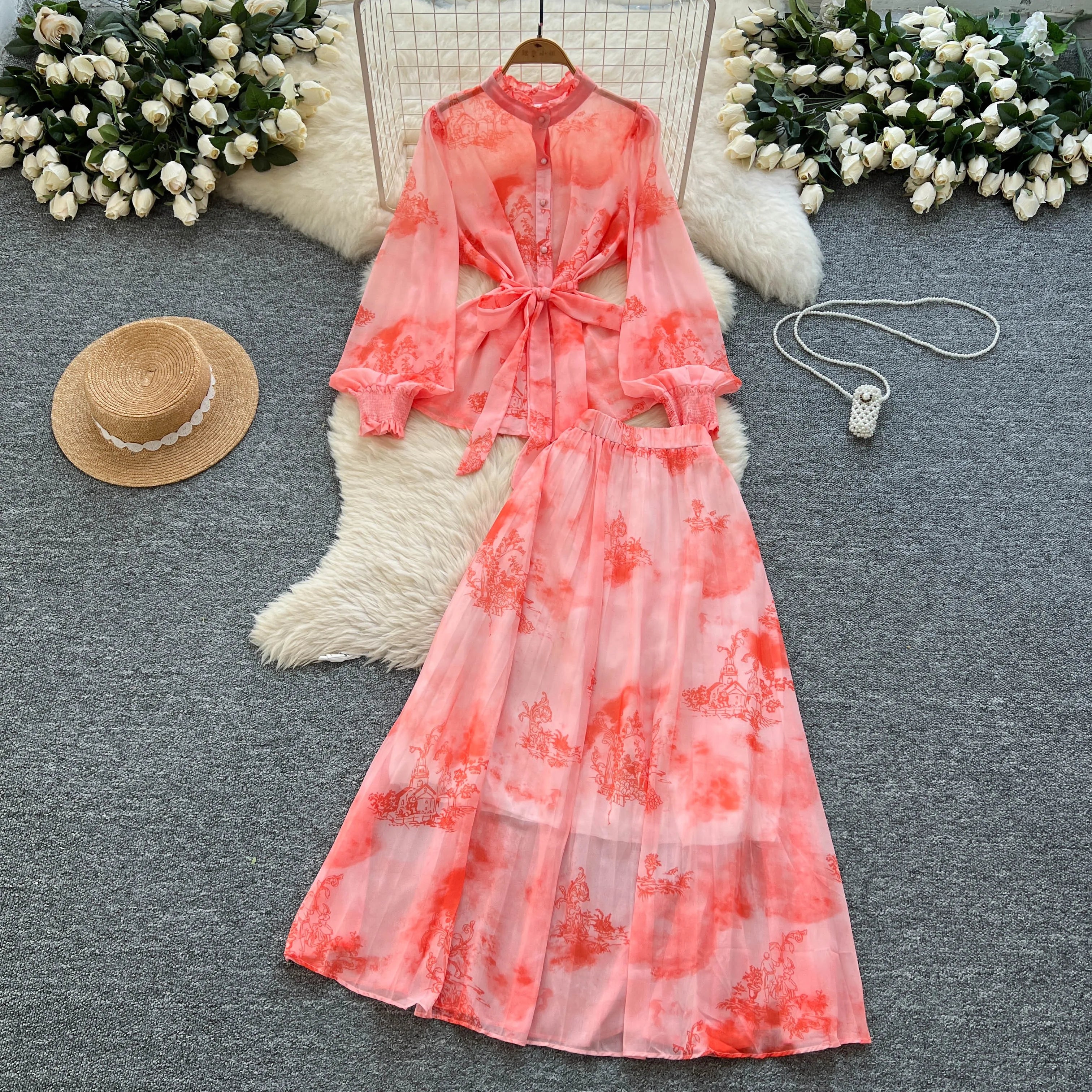 Lantern Sleeves Lace Up Loose Tops+Pleated Skirt Floral Chiffon Sets