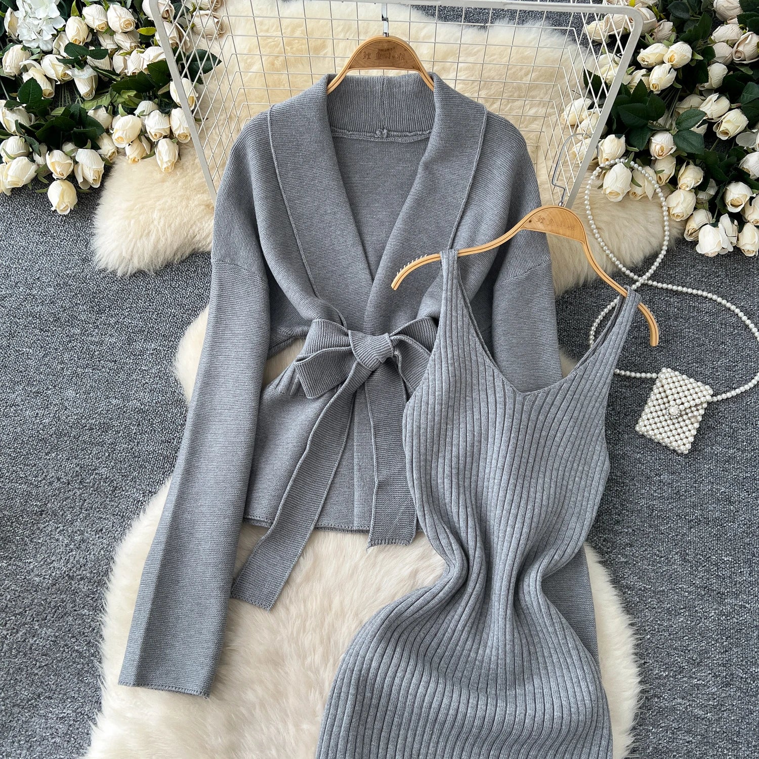 Lace Up Slim Cardigan+Sling Long Bodycon Solid Sweater Dress Two Piece Set