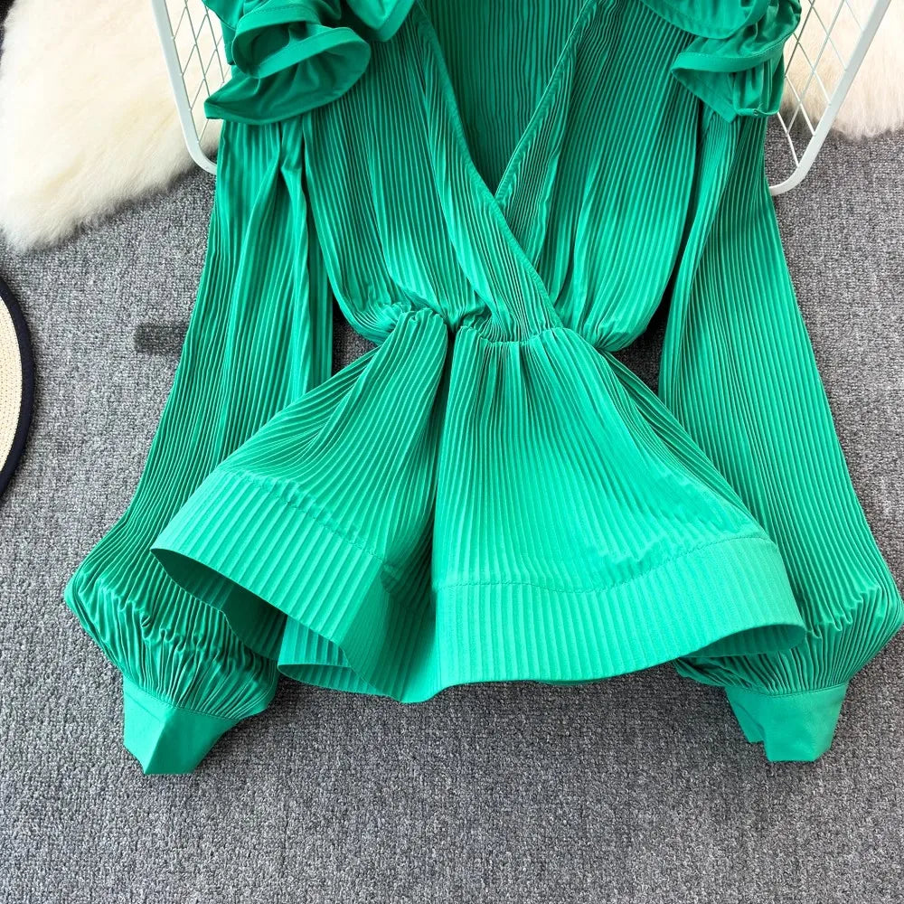 Long Sleeve Pleated V-Neck Flower Ruffles Blouse