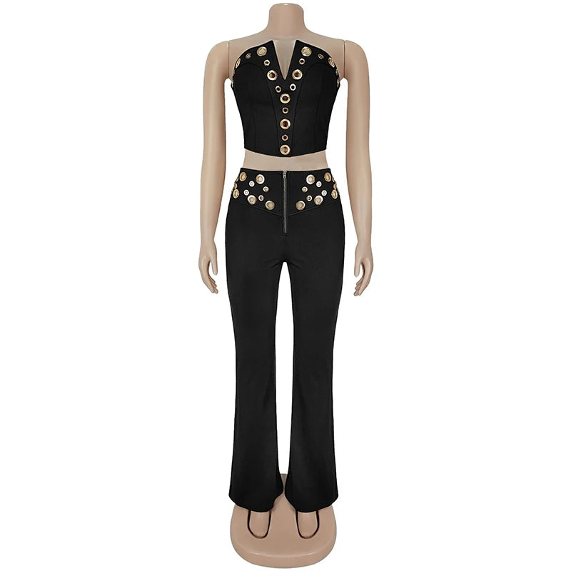 Sequins Crop Top And Wide Legs Pants Two Piece Set
