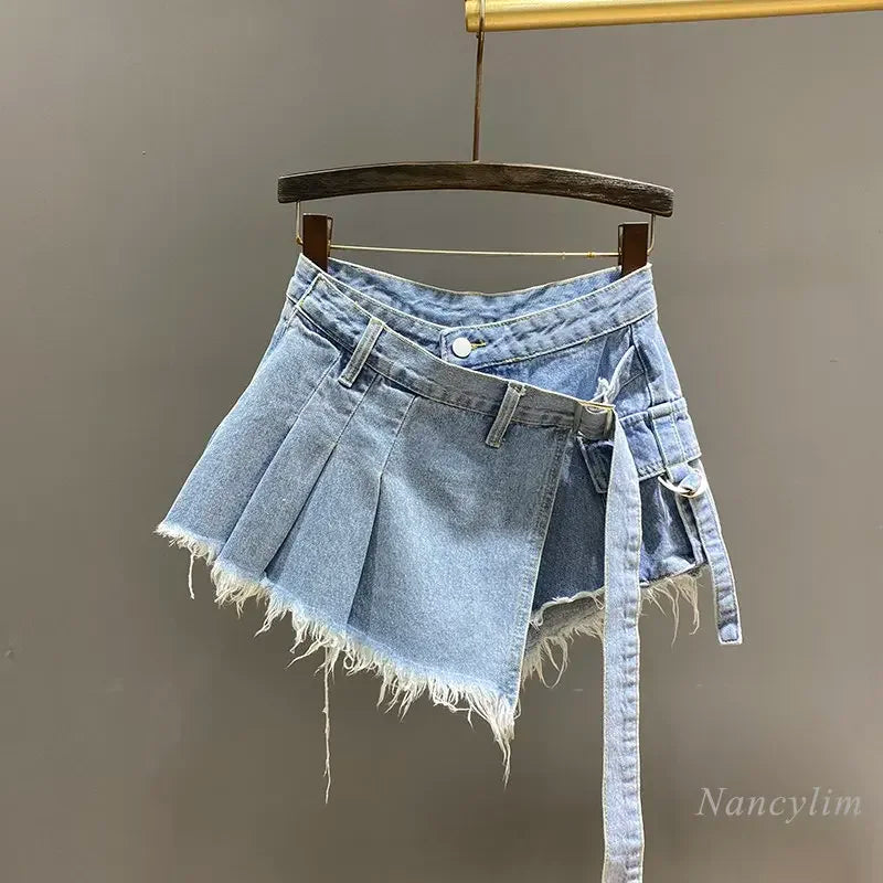 Irregular Pink Denim High A- Line Short Mini Skirts